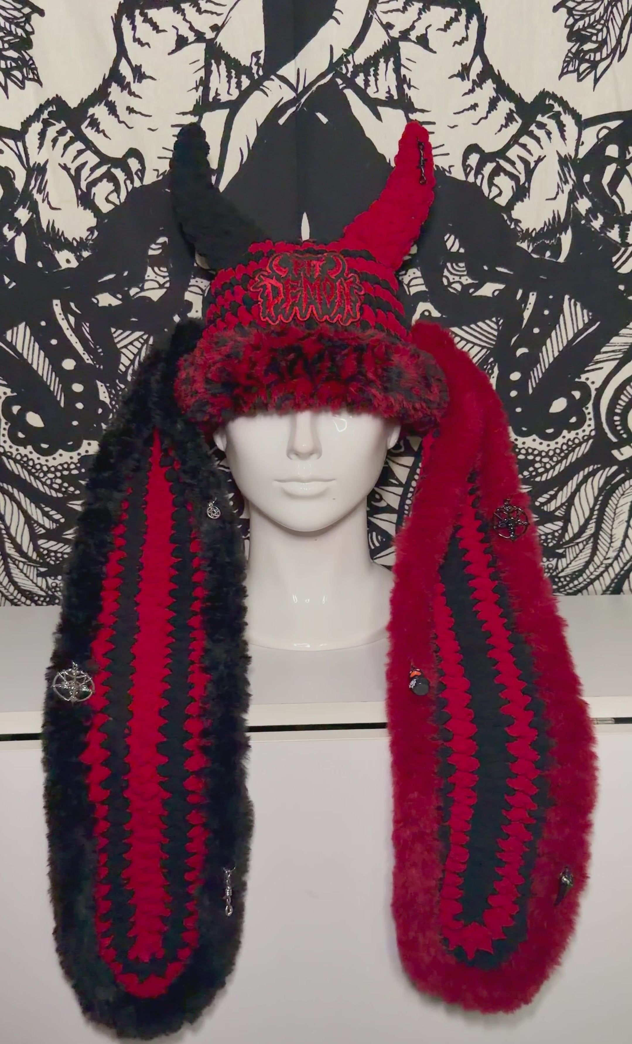 R/B Split Bunny Pit Demon Beanie